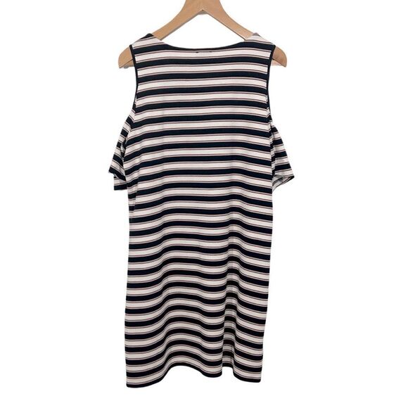 Ann Taylor Cold Shoulder Striped Flutter Dress Blue/Pink Size: Large Petite - Picture 3 of 9
